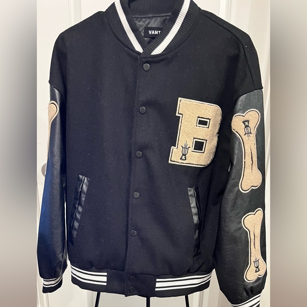 Vamtac Mens Varsity Baseball Jacket Black and Cream with Pocket Size Small